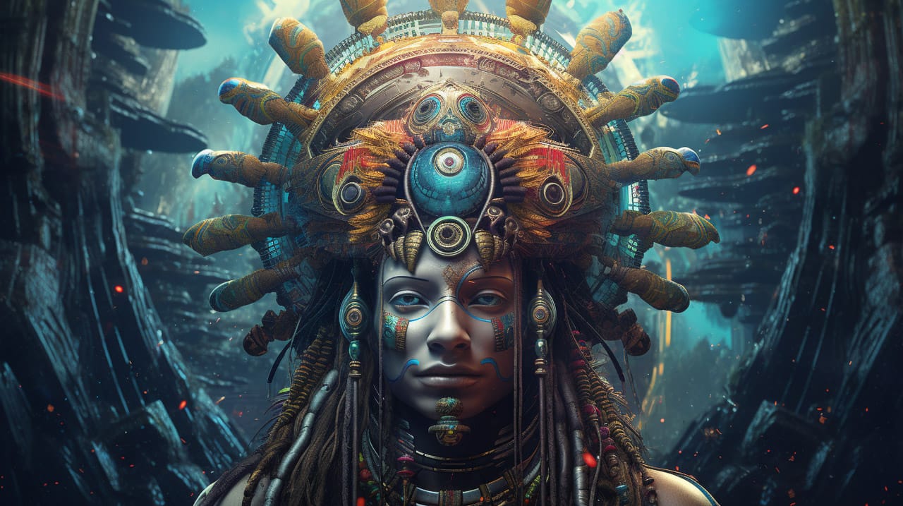 Cyber-shaman with an ornate mechanical headdress, rendered in luminous teal and copper tones, Midjourney V5.2