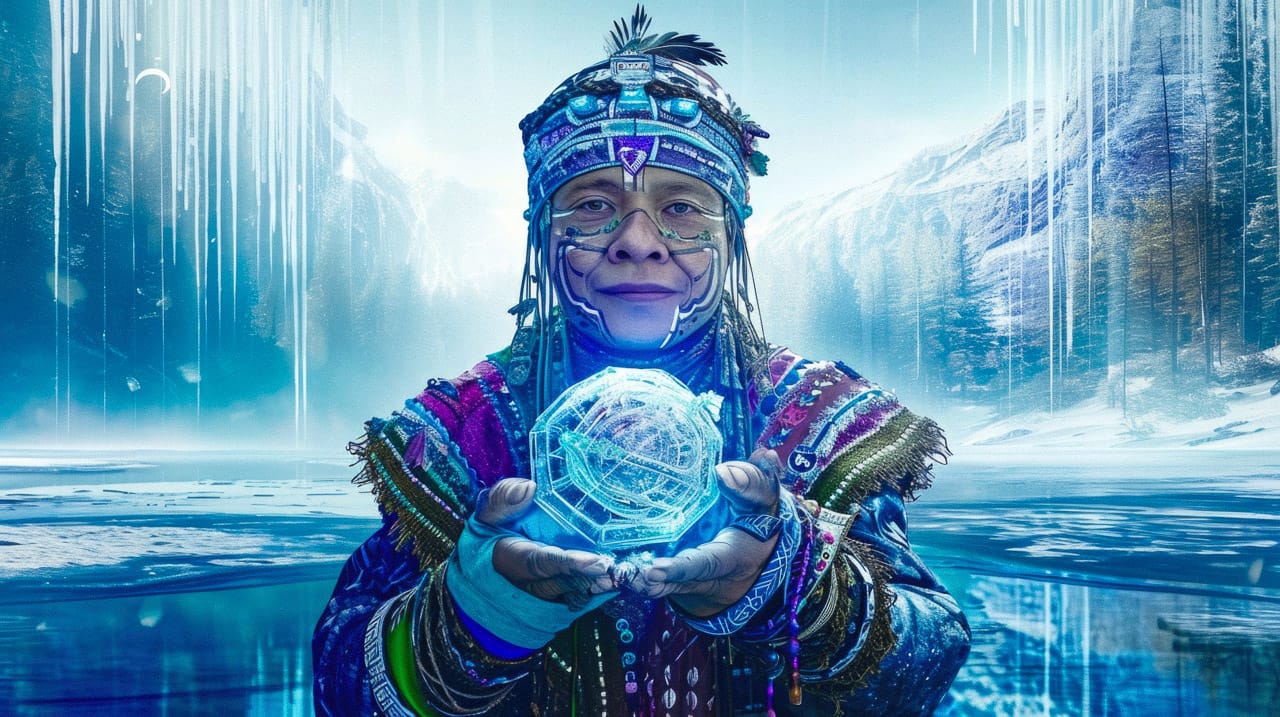 Cyber-shaman holding a glowing orb in an icy landscape, vivid blue digital-fantasy light, Midjourney V6.0