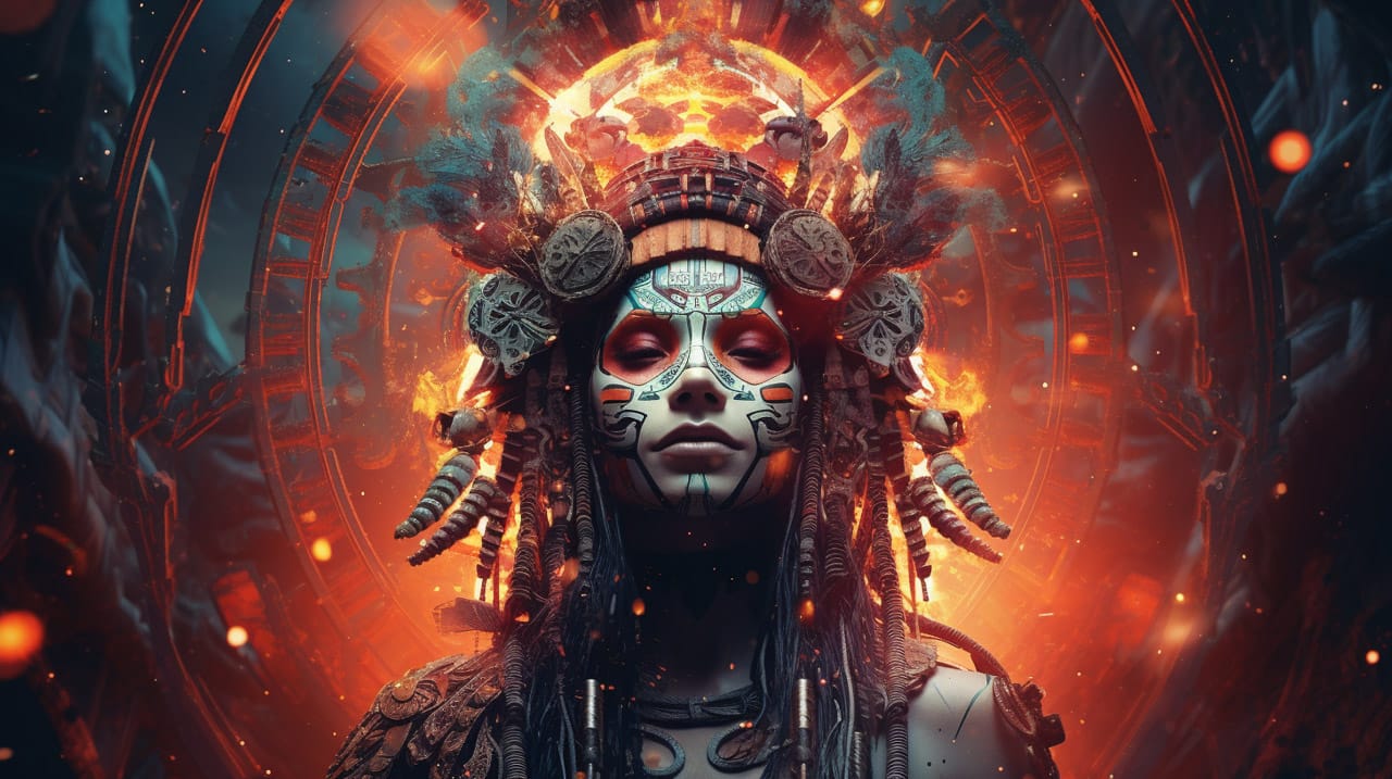 Cyber-shaman with ornate headdress and face paint, rendered in fiery red and teal digital art, Midjourney V5.2