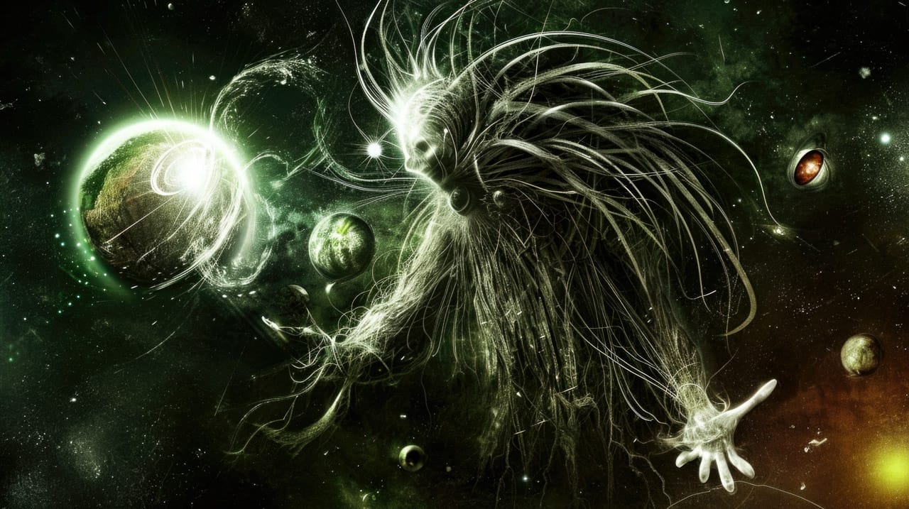 Space cyber-shaman with flowing tendrils among planets in luminous green cosmic digital art, Midjourney V6.0