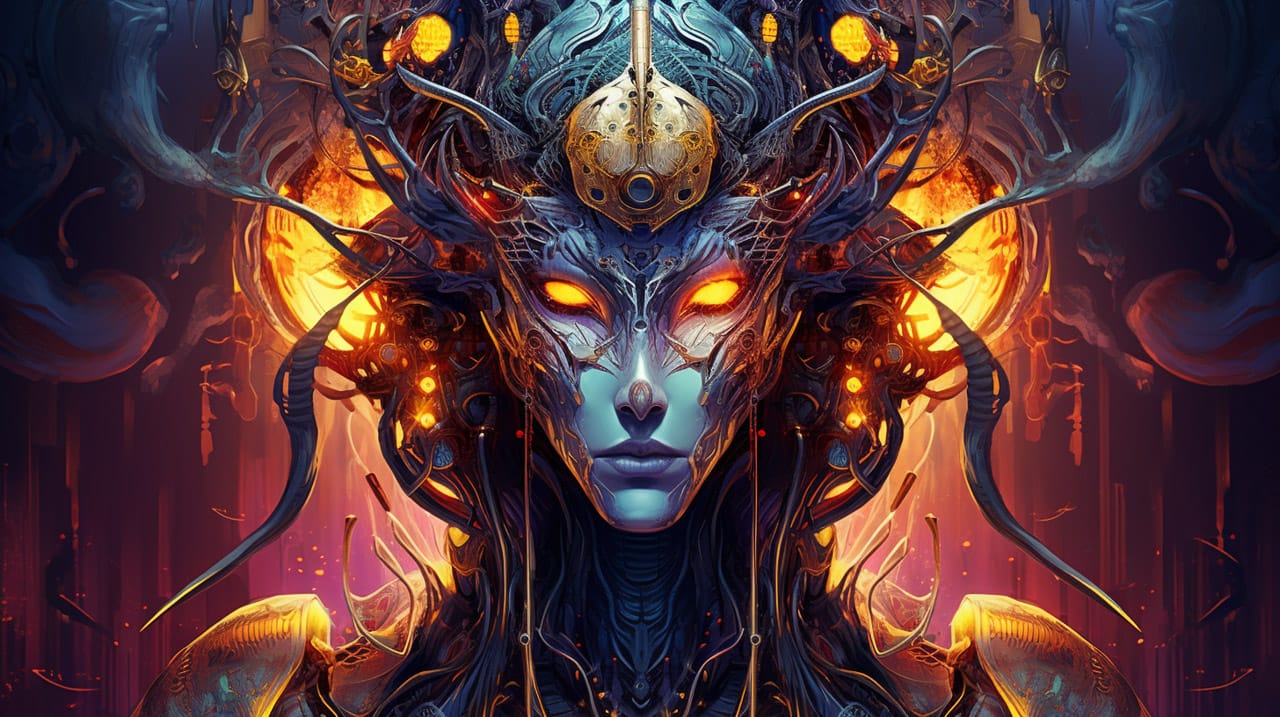 Cyber-shamanic humanoid with mechanical tendrils, ornate digital art in blue, orange, Midjourney V5.2