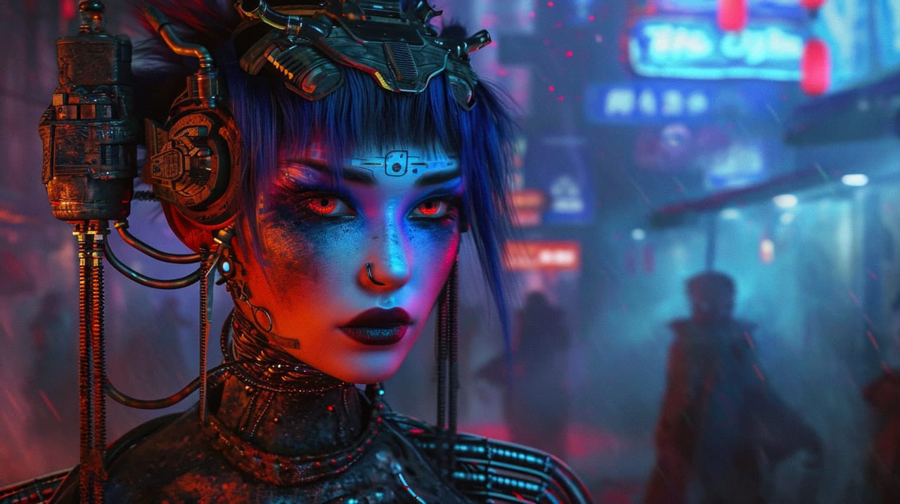 Cybernetic space shaman with mechanical headgear, neon blue and red cinematic lighting, Midjourney V6.0