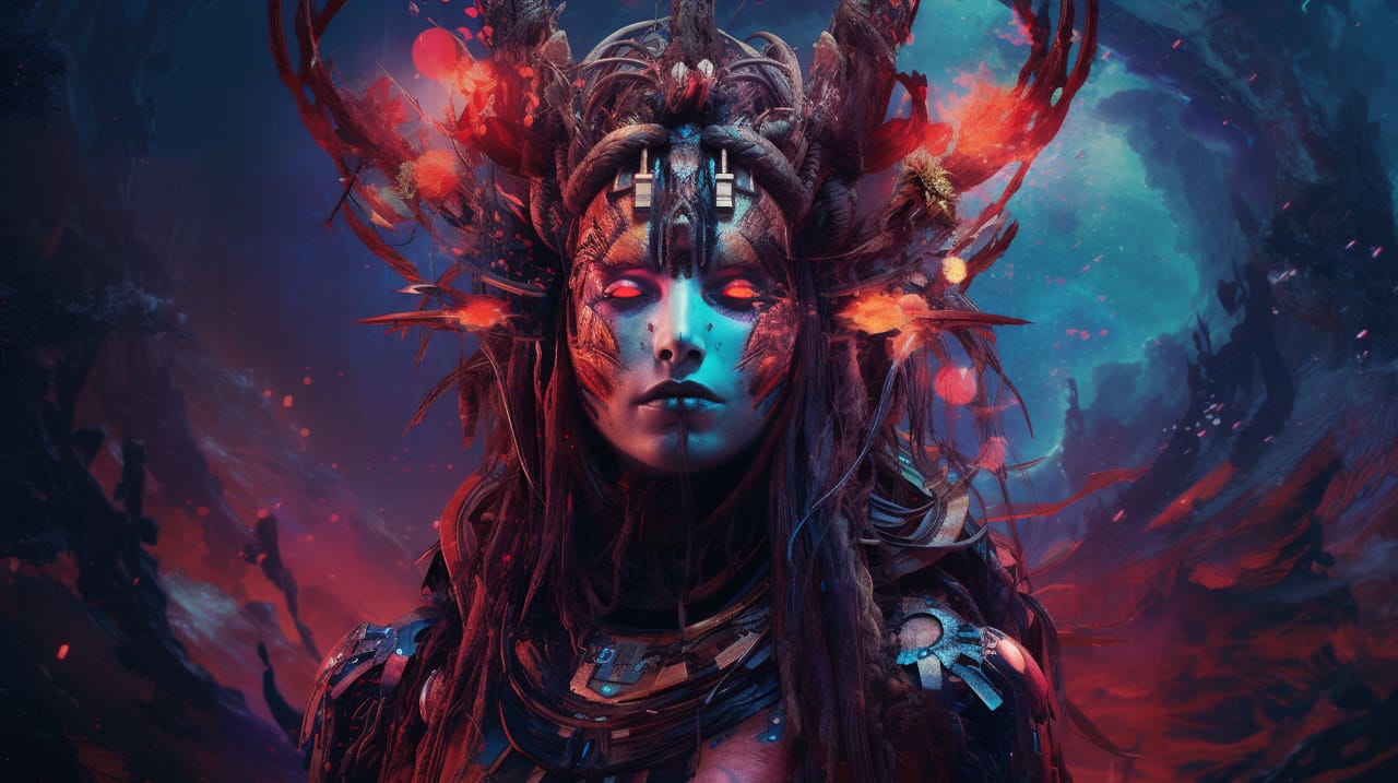 Cyber shaman with antlered headdress, rendered in vivid neon red and teal light, Midjourney V5.2
