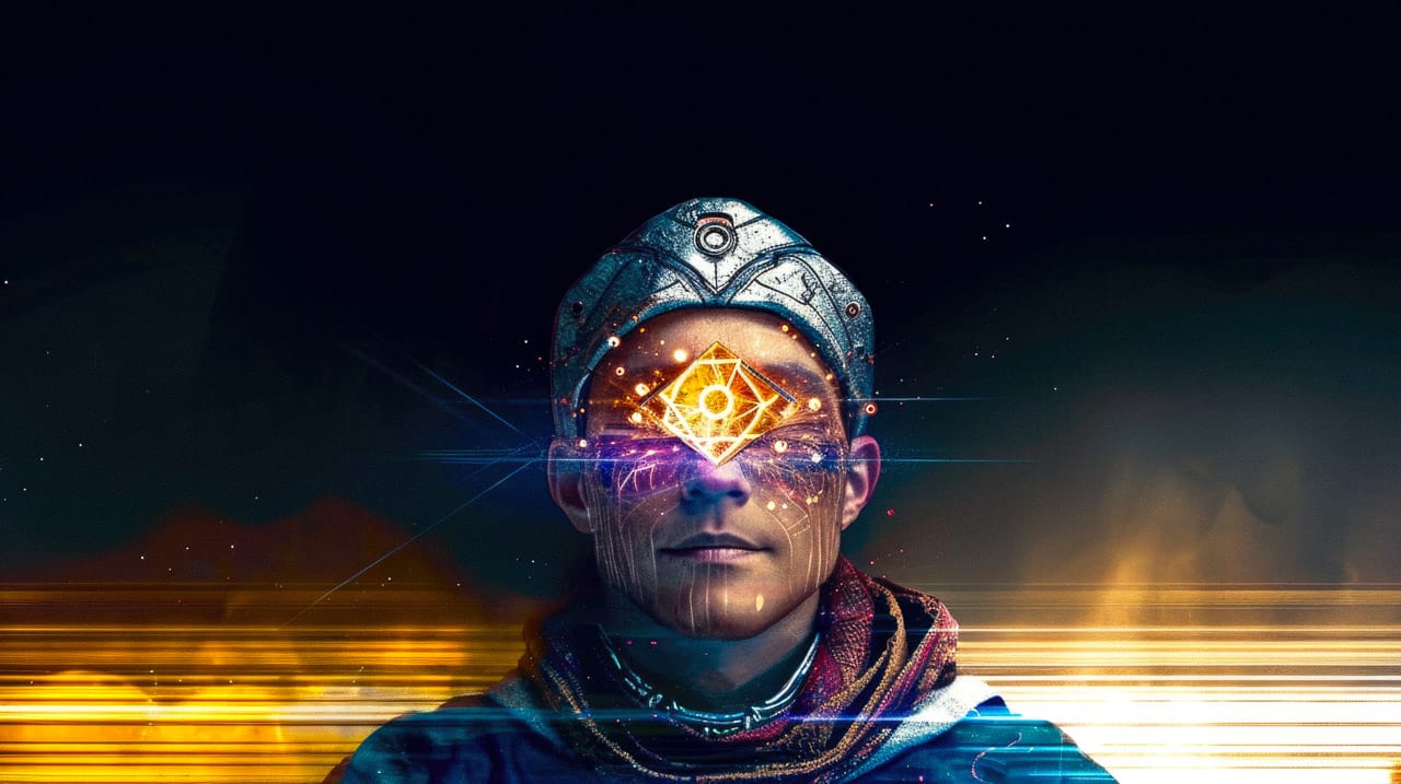Futuristic cyber-shaman with glowing geometric face symbol, neon-lit digital portrait in dark space, Midjourney V6.0