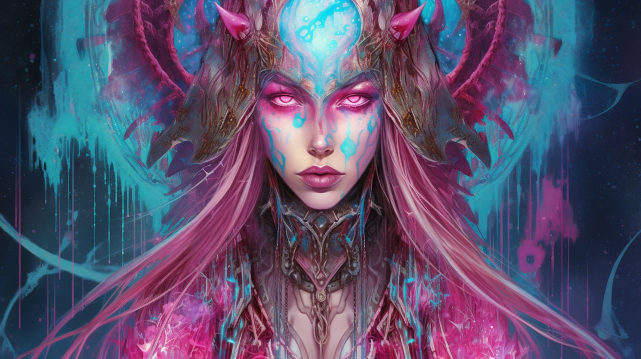 Cyber-shaman with horns and pink hair in neon cyan and magenta digital fantasy art, Midjourney V5.2