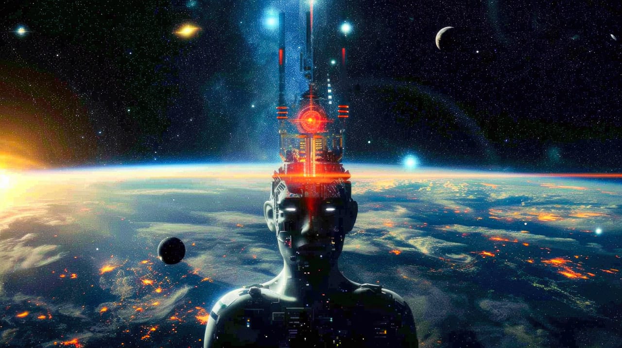 Cybernetic shaman in space, glowing neon sci-fi digital art with a vibrant cosmic palette, Midjourney V6.0