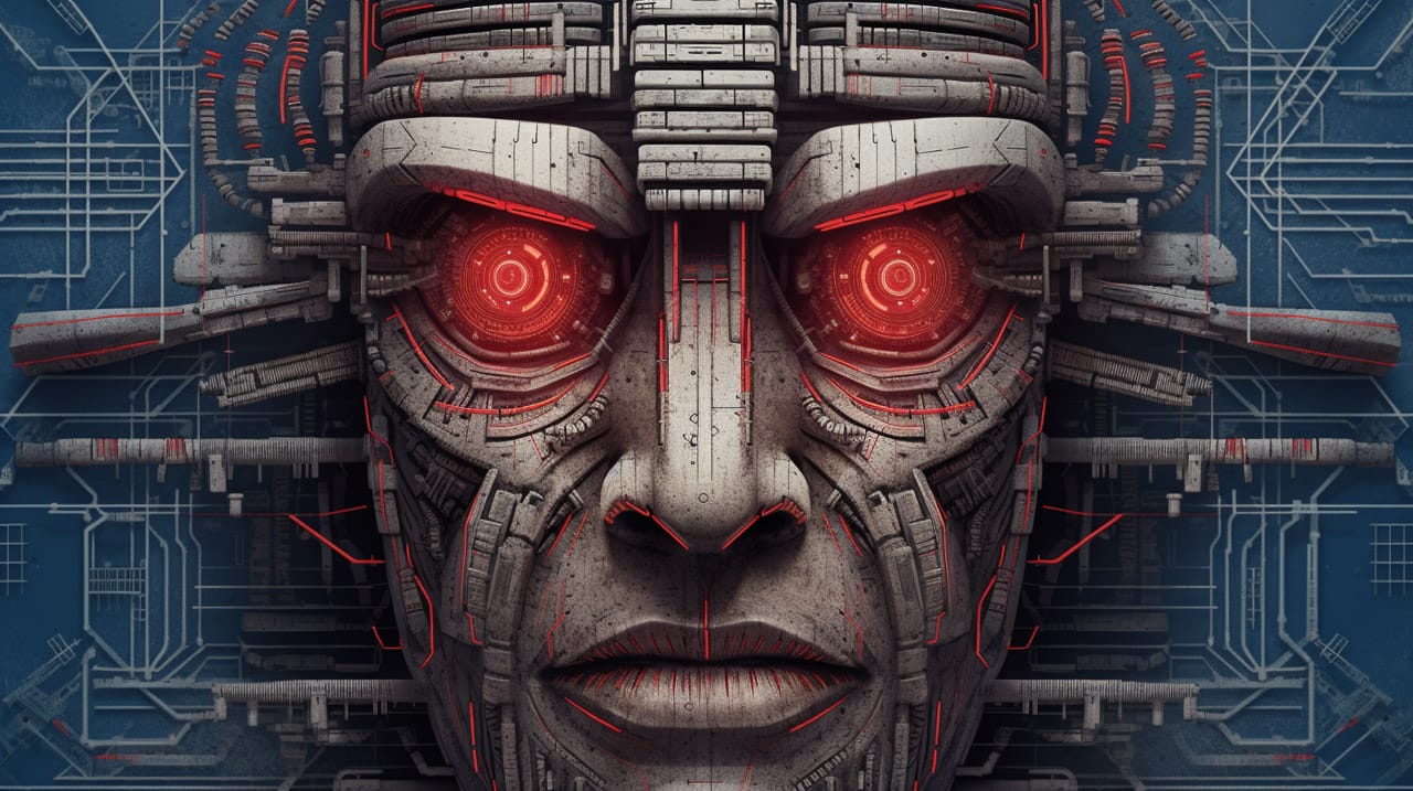 Cybernetic shaman face with glowing red eyes, rendered in gritty industrial sci-fi style, Midjourney V5.2