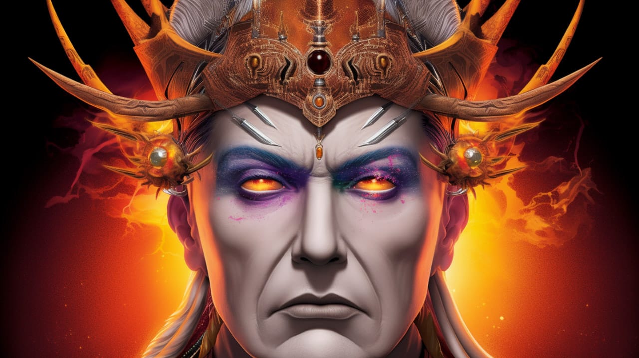 Cyber-shamanic face with horns and glowing eyes, detailed digital portrait in fiery orange light, Midjourney V5.2