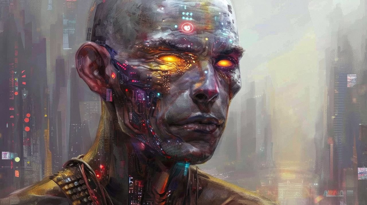 Cybernetic shaman portrait with glowing eyes, digital details, and a muted neon city palette, Midjourney V6.0