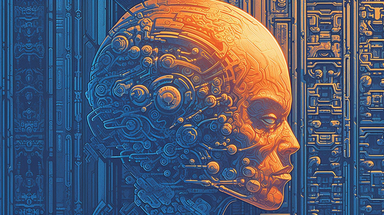 Cybernetic shaman profile with intricate circuitry, in vivid blue and orange digital line art, Midjourney V5.2