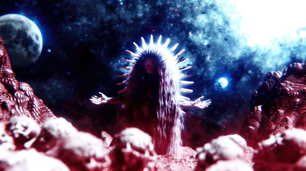 Cyber-shaman with a radiant spiked headdress in a surreal cosmic landscape, neon blue and red light, Midjourney V6.0