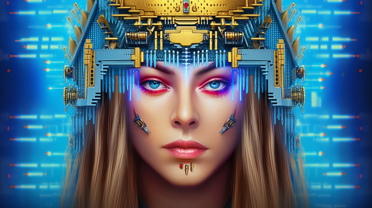 Cyber-shaman woman with an ornate techno-headdress, vivid blue neon lighting and digital details, Midjourney V5.2