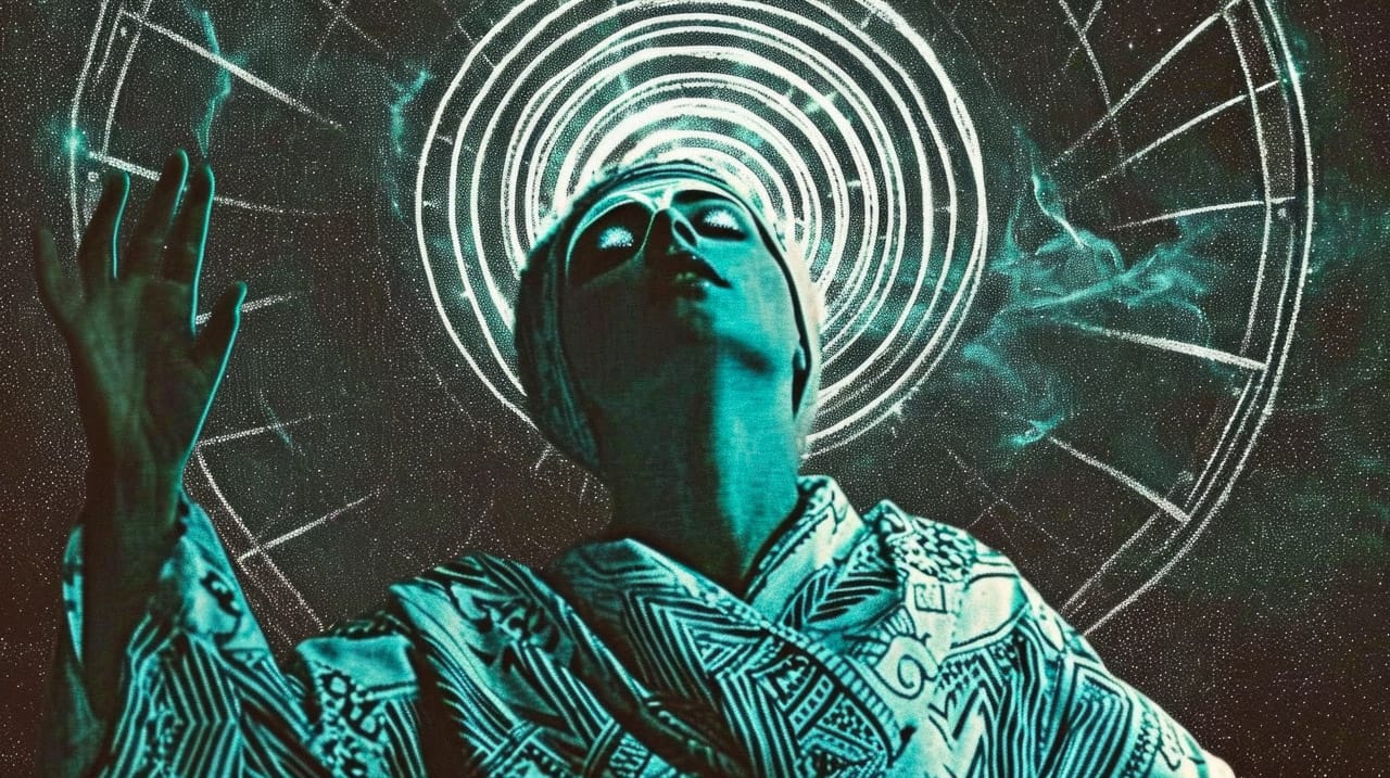 Cyber shaman with raised hand, teal-and-black cosmic portrait with geometric robes and glowing halos, Midjourney V6.0
