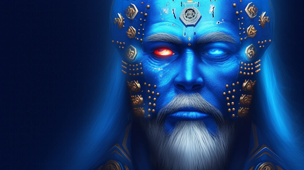 Cyber-shaman portrait with glowing mismatched eyes, blue digital painting, and dramatic cool light, Midjourney V5.2