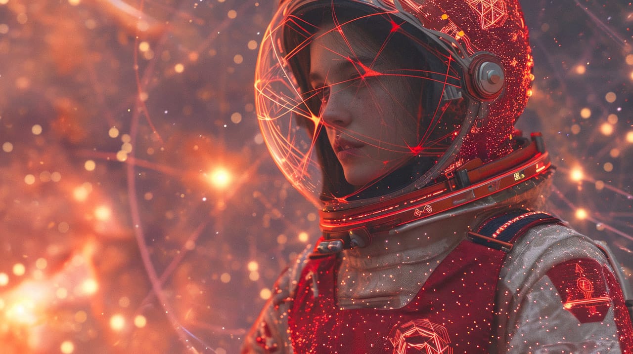 Space cyber-shaman in a glowing helmet and suit, rendered in cinematic red-orange light, Midjourney V6.0