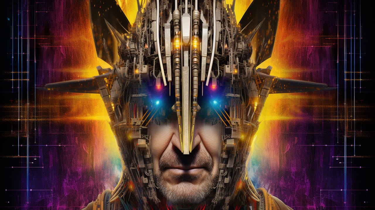 Cybernetic shaman with mechanical headdress, symmetrical digital art in vivid orange, purple, Midjourney V5.2