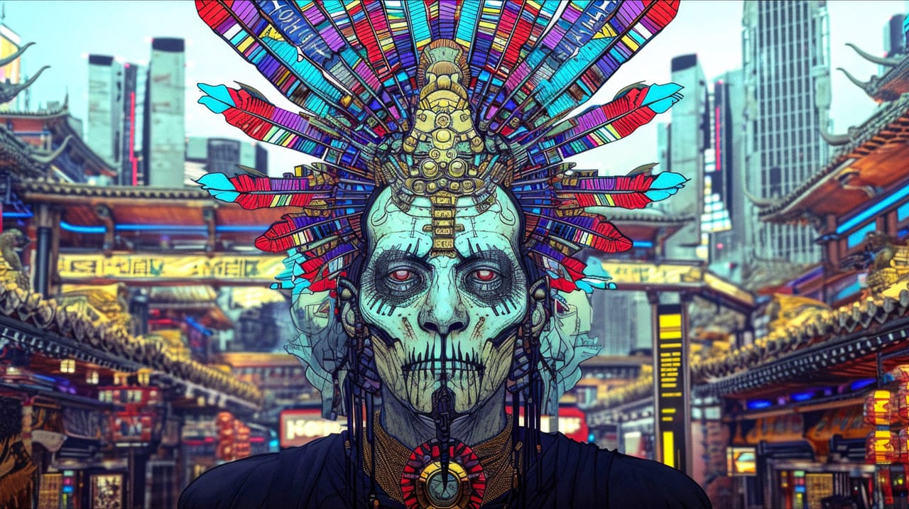 Cyber-shaman with feathered headdress in a neon-lit city, vivid illustrated palette, Midjourney V6.0