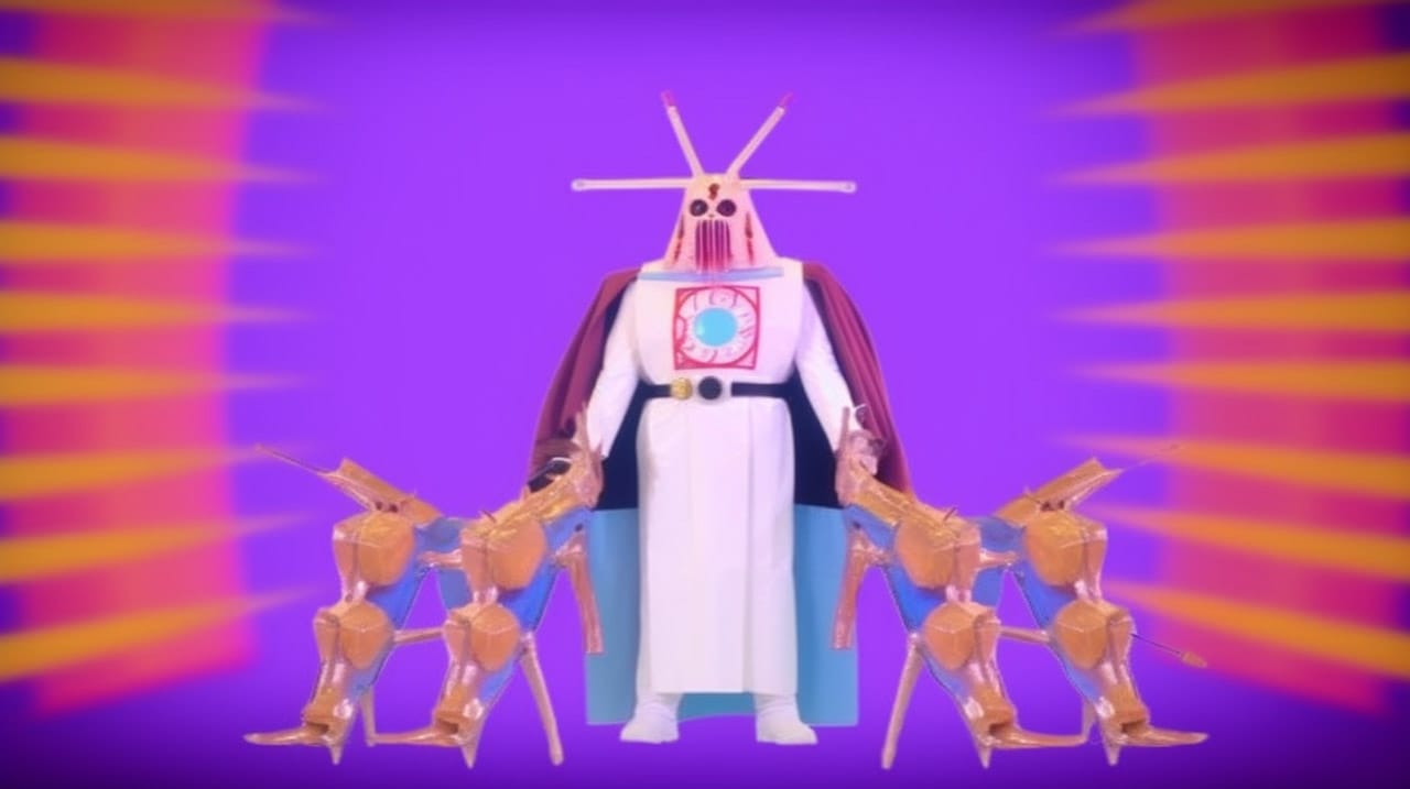Cyber-shaman figure with insect-like companions, surreal neon digital art in purple and orange, Midjourney V5.2