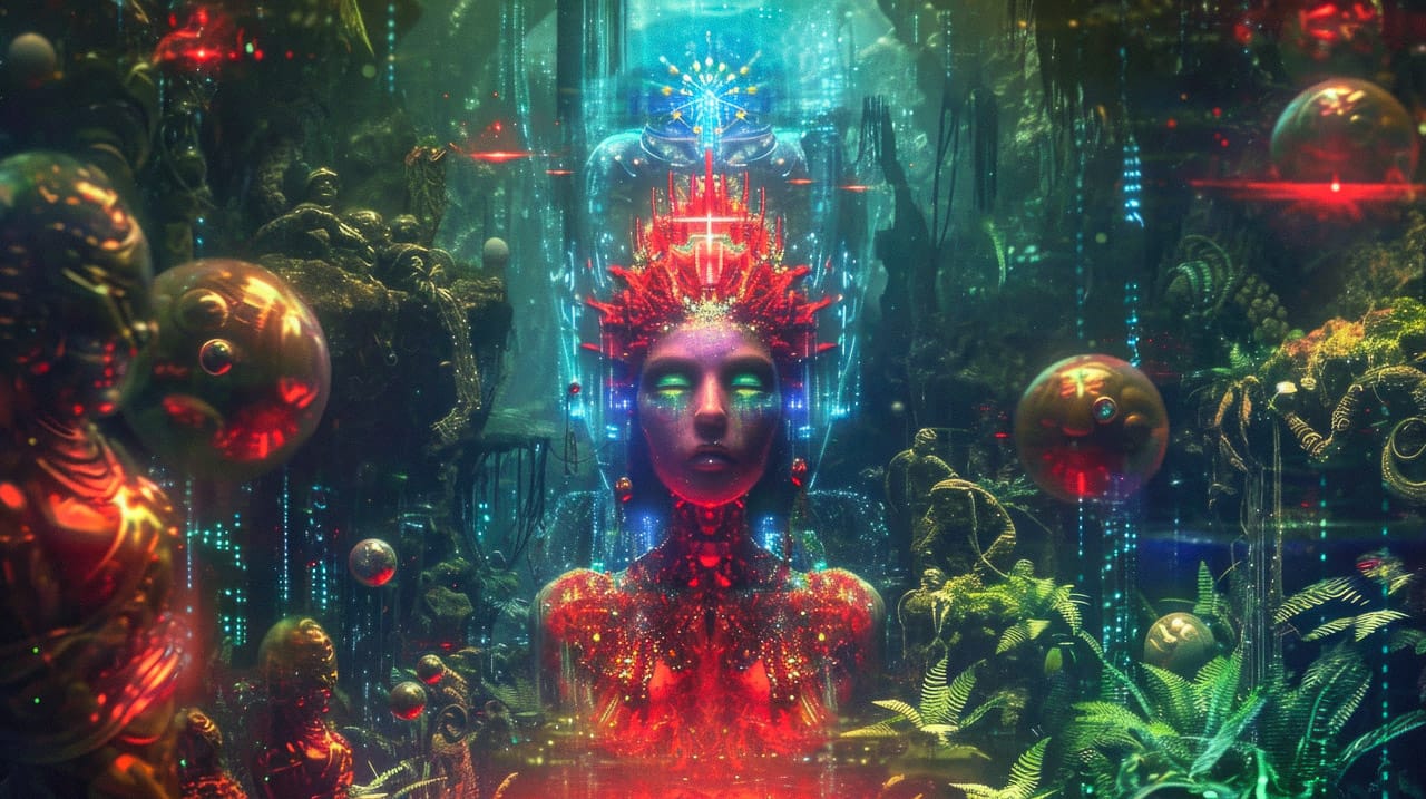 Cybernetic shaman in a glowing jungle temple, surreal digital art with vivid red, teal, green light, Midjourney V6.0