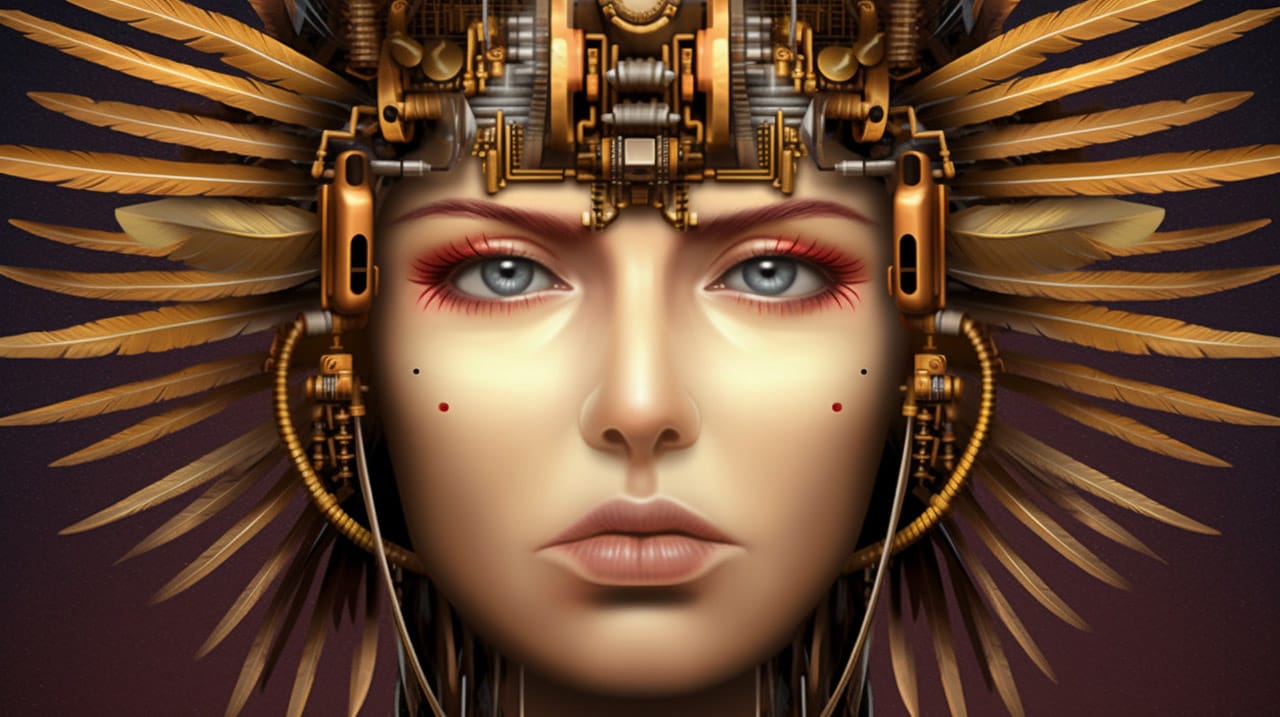 Cybernetic woman with feathered headdress, in warm metallic tones and soft light, Midjourney V5.2