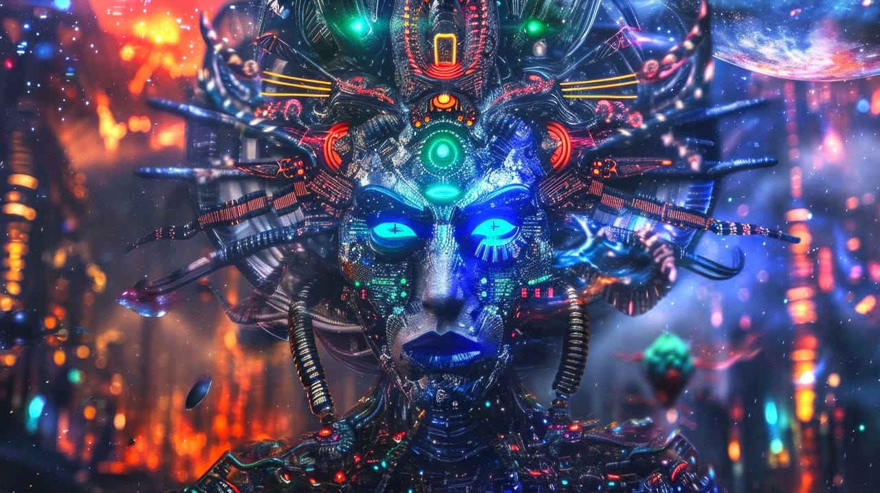 Cybernetic space shaman with an ornate mechanical headdress, neon colors, and glowing sci-fi light, Midjourney V6.0