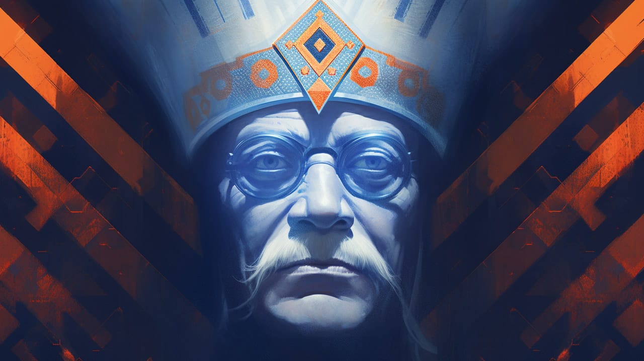 Cyber shaman with glasses and ornate headdress, digital portrait in blue and orange light, Midjourney V5.2