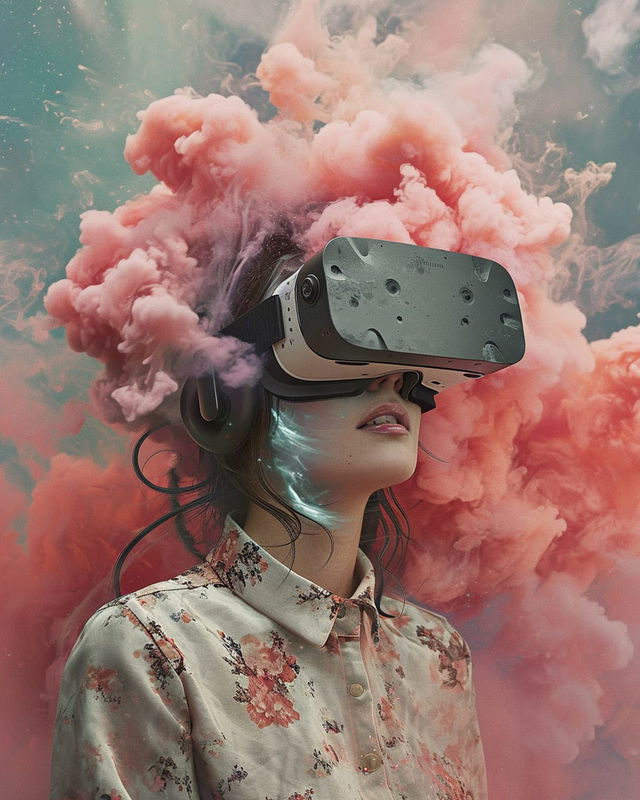 Woman wearing a virtual reality headset amid pink smoke, with soft pastel lighting, Midjourney V6
