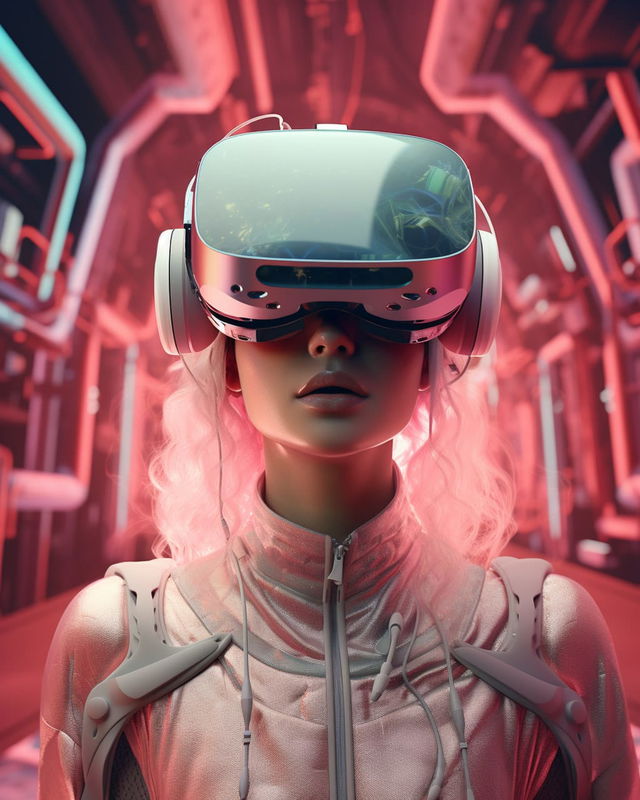Woman in a virtual reality headset, glossy sci-fi portrait in a pink-red futuristic corridor, Midjourney V5.2