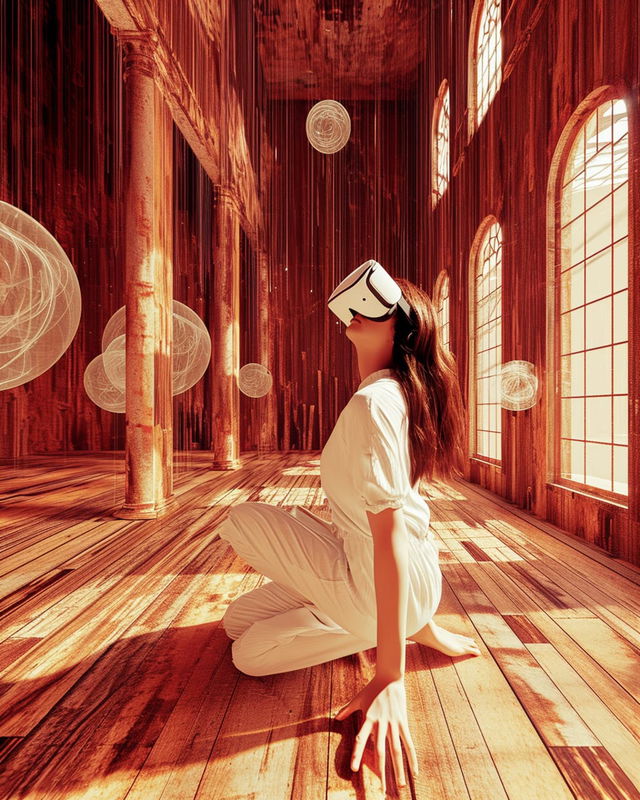 Woman wearing a VR headset in a cathedral-like space with glowing red wood and floating spheres, Midjourney V6