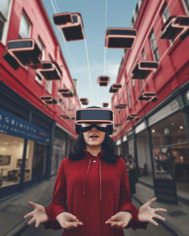 Woman wearing a VR headset on a shopping street with floating headsets, cinematic red tones, Midjourney V5.2