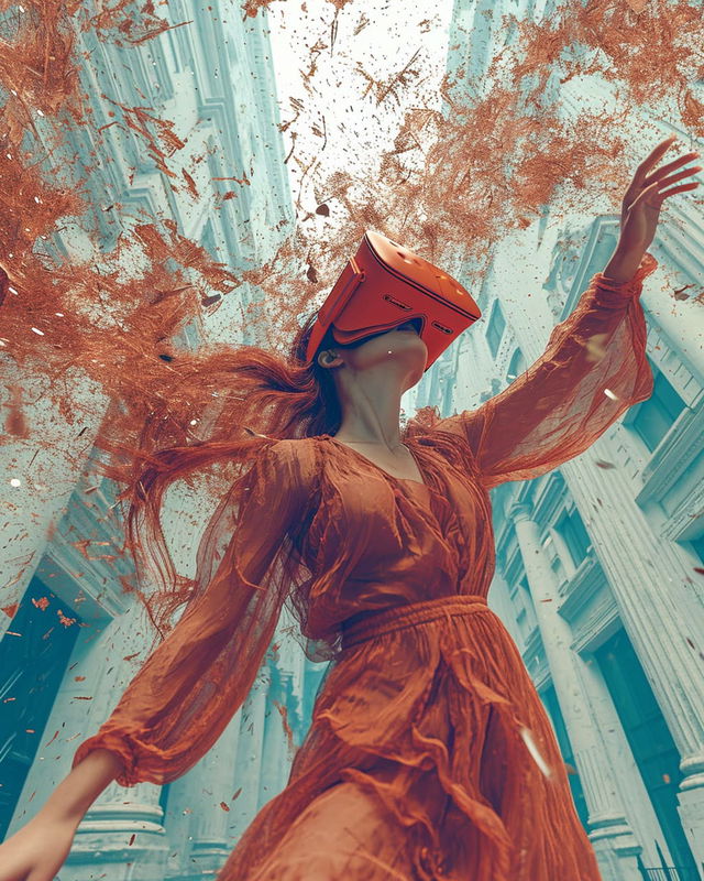 Woman wearing a VR headset amid surreal classical columns, in rust red and turquoise light, Midjourney V6.0