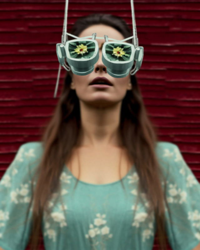 Woman in oversized virtual reality goggles, surreal soft-focus teal and crimson portrait, Midjourney V5.2
