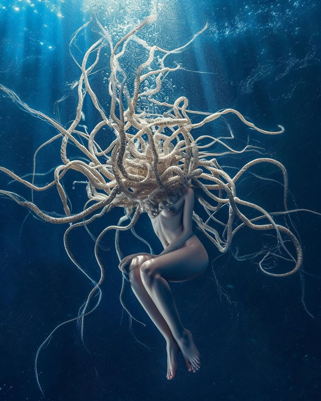 Surreal floating woman with tentacle-like hair underwater, rendered in blue tones with dappled light, Midjourney V6.0