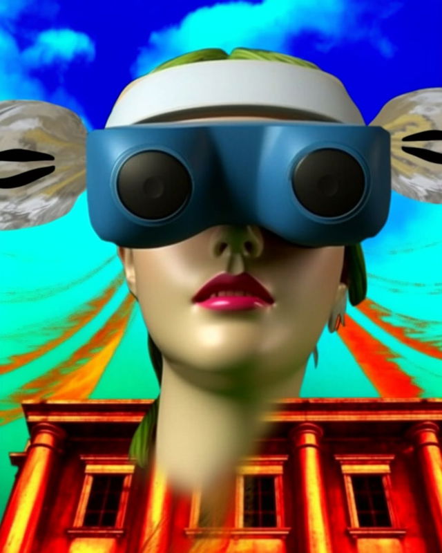 Woman wearing oversized VR goggles, surreal 3D render in vivid neon colors and harsh light, Midjourney V5.2