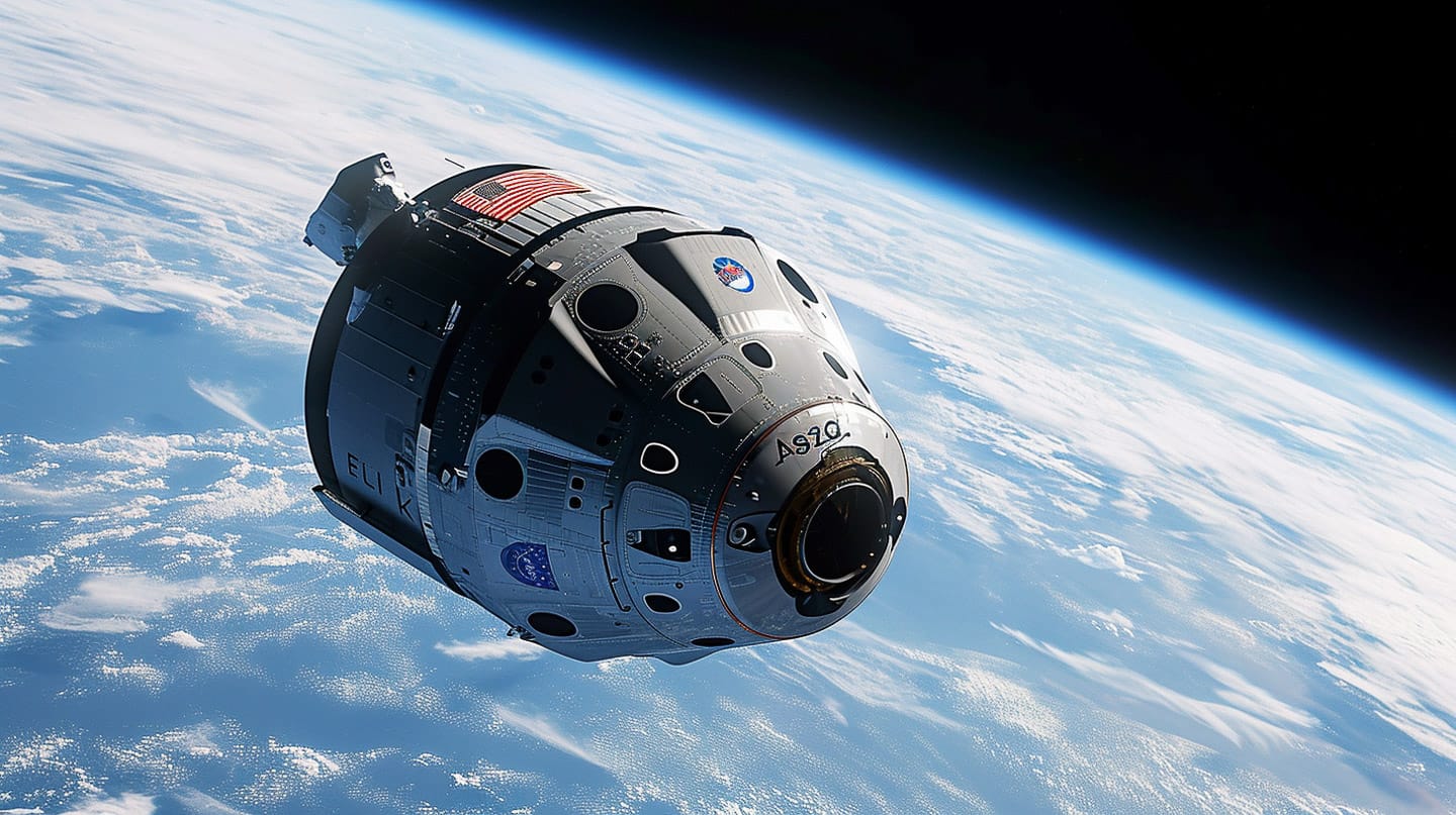 Space capsule above Earth, rendered in realistic detail with cool blue light and a black sky, Midjourney V6.0