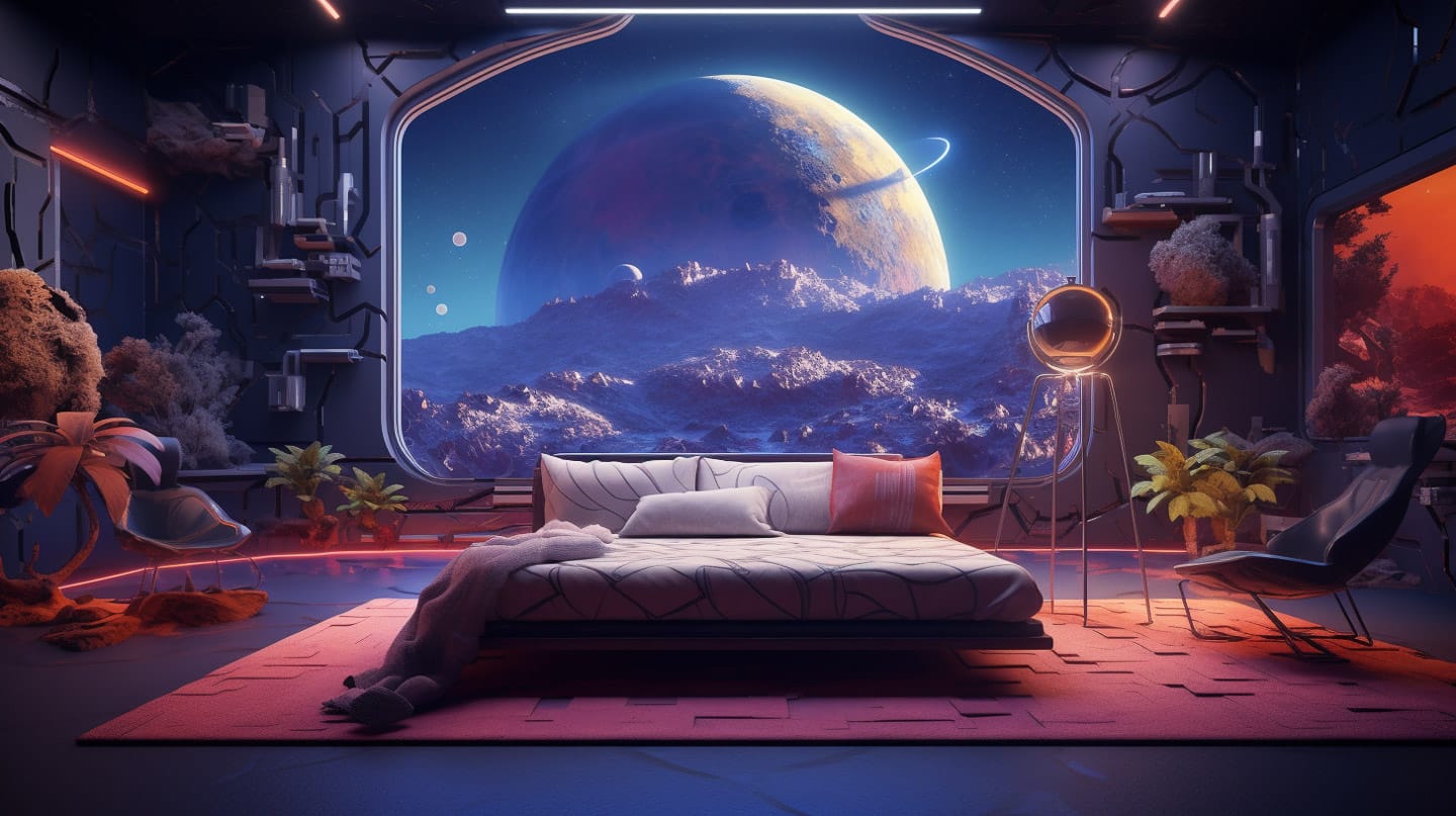 Futuristic bedroom overlooking a giant planet, cinematic purple-blue light with warm red accents, Midjourney V5.2