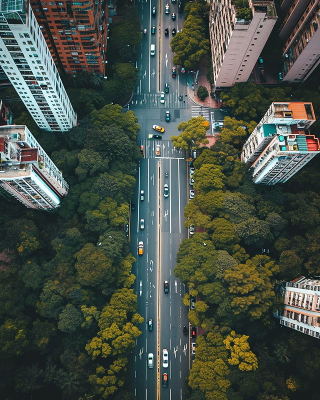 City street seen from above, with high-rises and trees in saturated teal and orange light, Midjourney V6.0