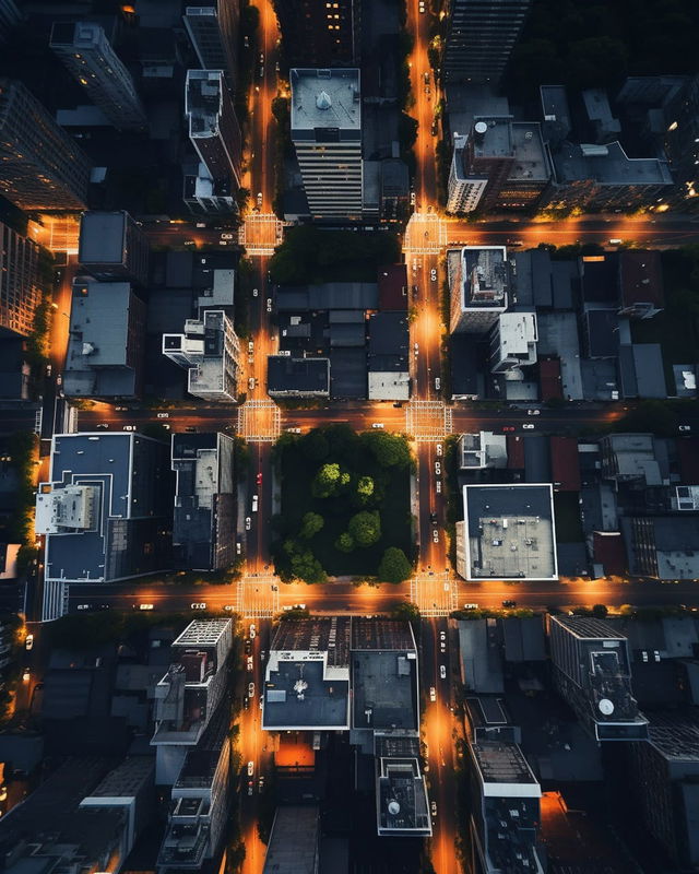 Aerial city street grid with buildings and traffic, Midjourney V5.2