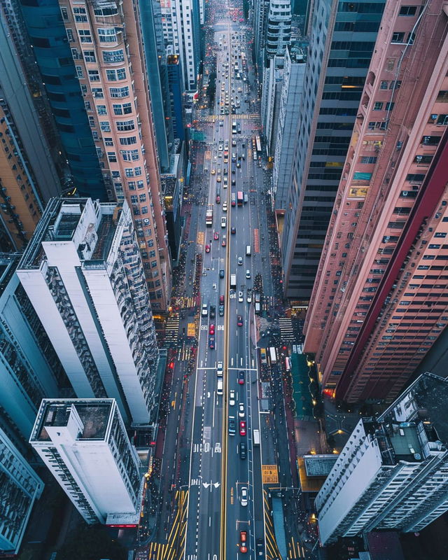 Aerial city street between tall buildings, cool blue-pink tones and crisp urban light, Midjourney V6.0