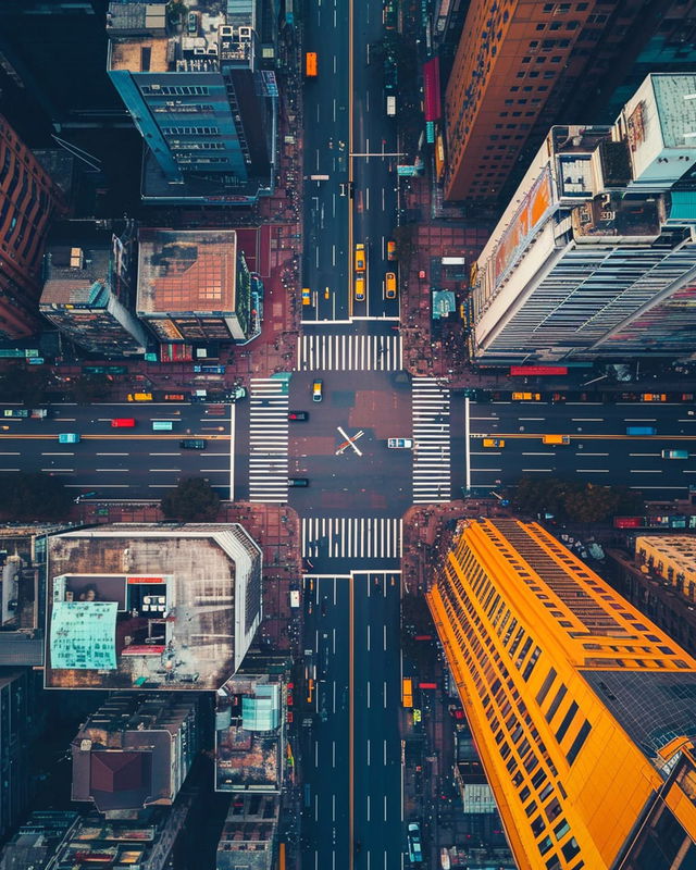 Aerial city intersection with tall buildings and cars, vivid teal and orange tones, crisp daylight, Midjourney V6.0