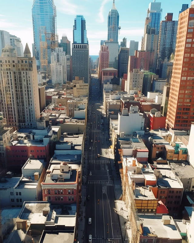 City street seen from above, with dense skyscrapers and rooftops in bright, realistic daylight, Midjourney V5.2