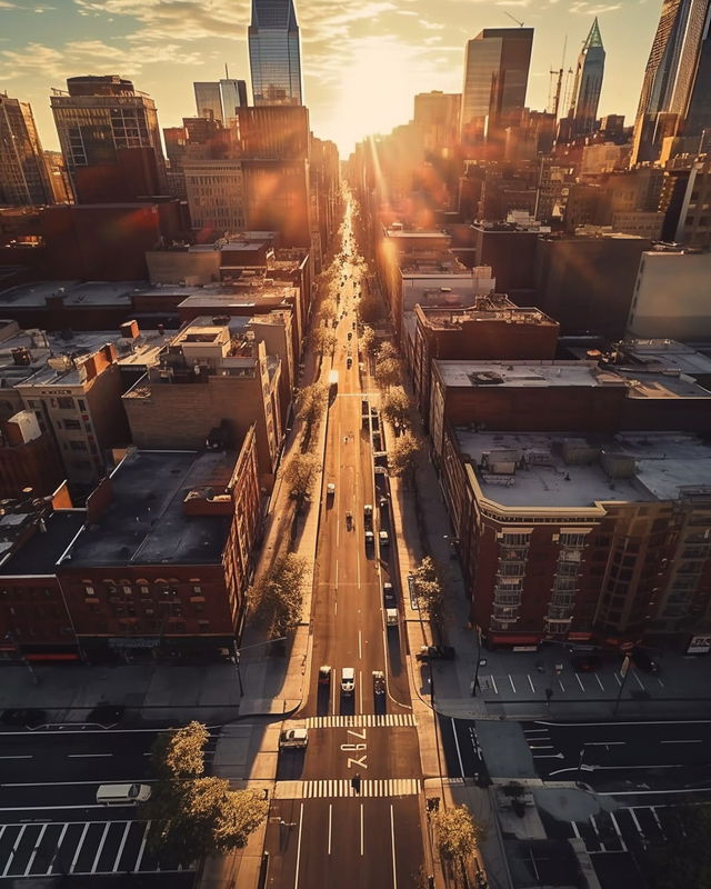 Aerial city street lined with buildings and trees, warm golden-hour light and cinematic tones, Midjourney V5.2