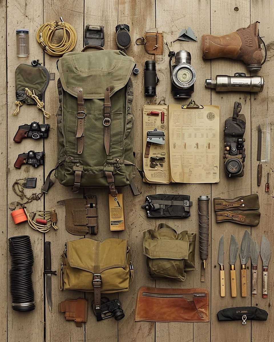 Survivalist backpack and gear arranged in a knolling layout, earthy tones and soft light, Midjourney V6.0