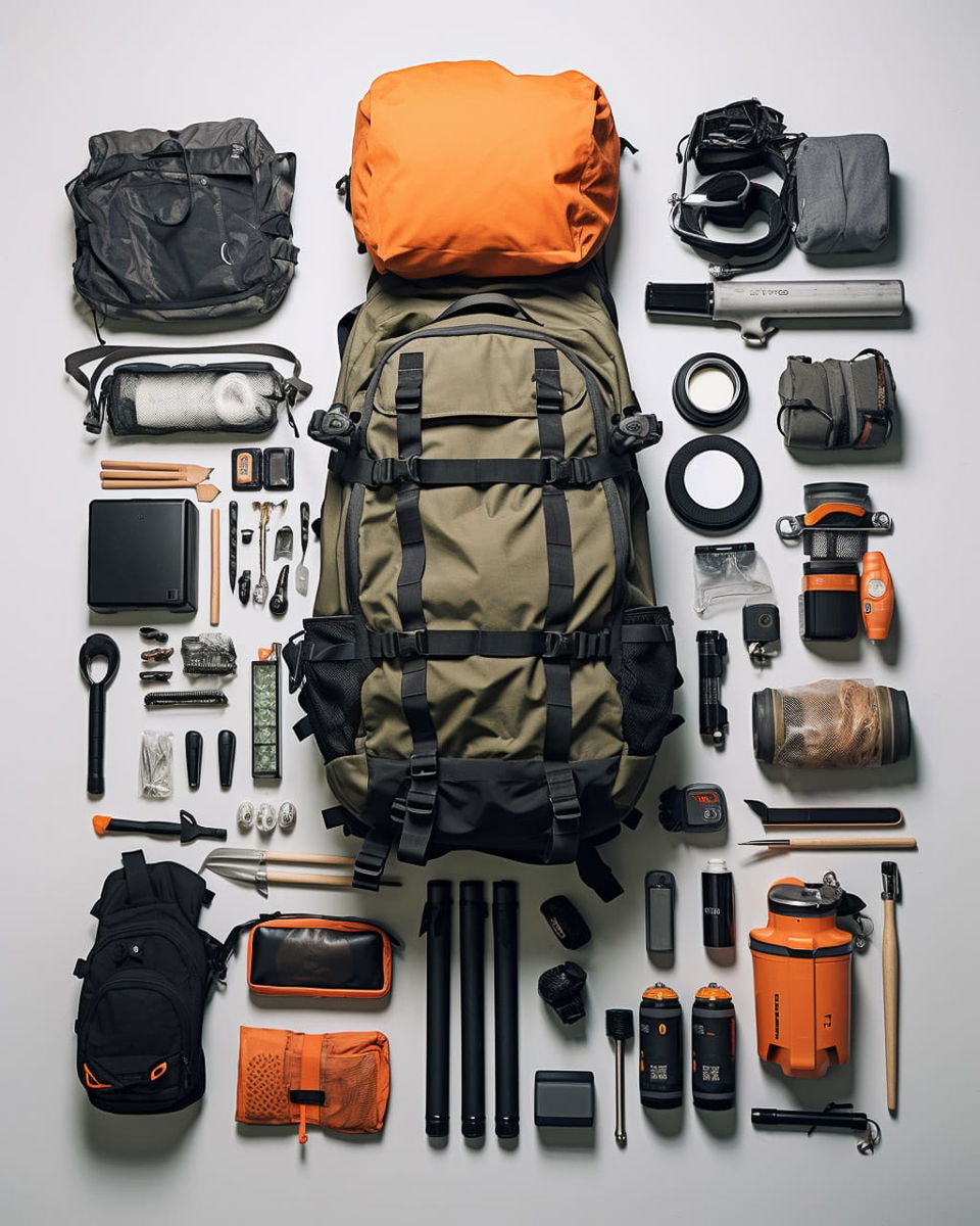 Survivalist backpack and gear arranged in a knolling layout, with muted colors and soft shadows, Midjourney V5.2