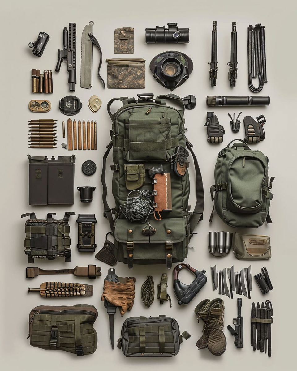 Survival gear arranged in a knolling layout, muted olive palette with soft, even studio lighting, Midjourney V6.0