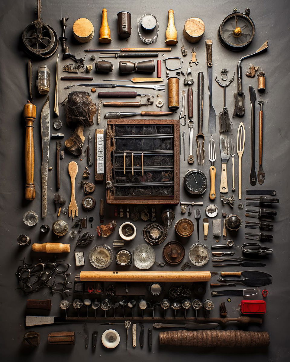 Survival gear arranged in a precise flat lay, with dark muted colors and soft studio lighting, Midjourney V5.2