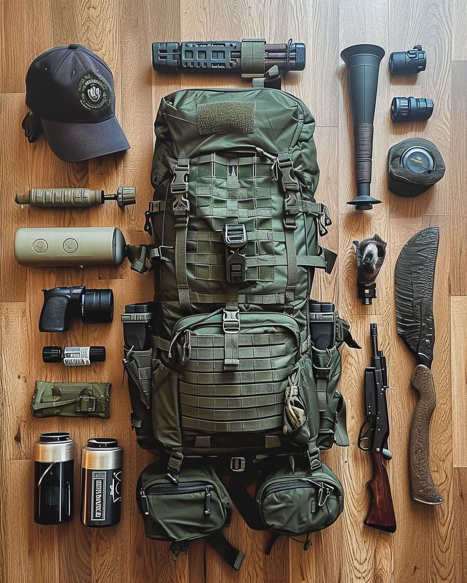 Survival gear arranged in a knolling layout, realistic photography with earthy green and brown tones, Midjourney V6.0