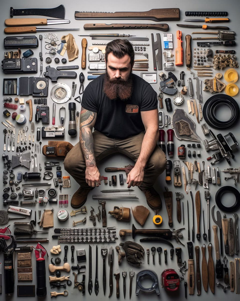 Bearded survivalist surrounded by neatly arranged tools and gear in a detailed overhead photograph, Midjourney V5.2