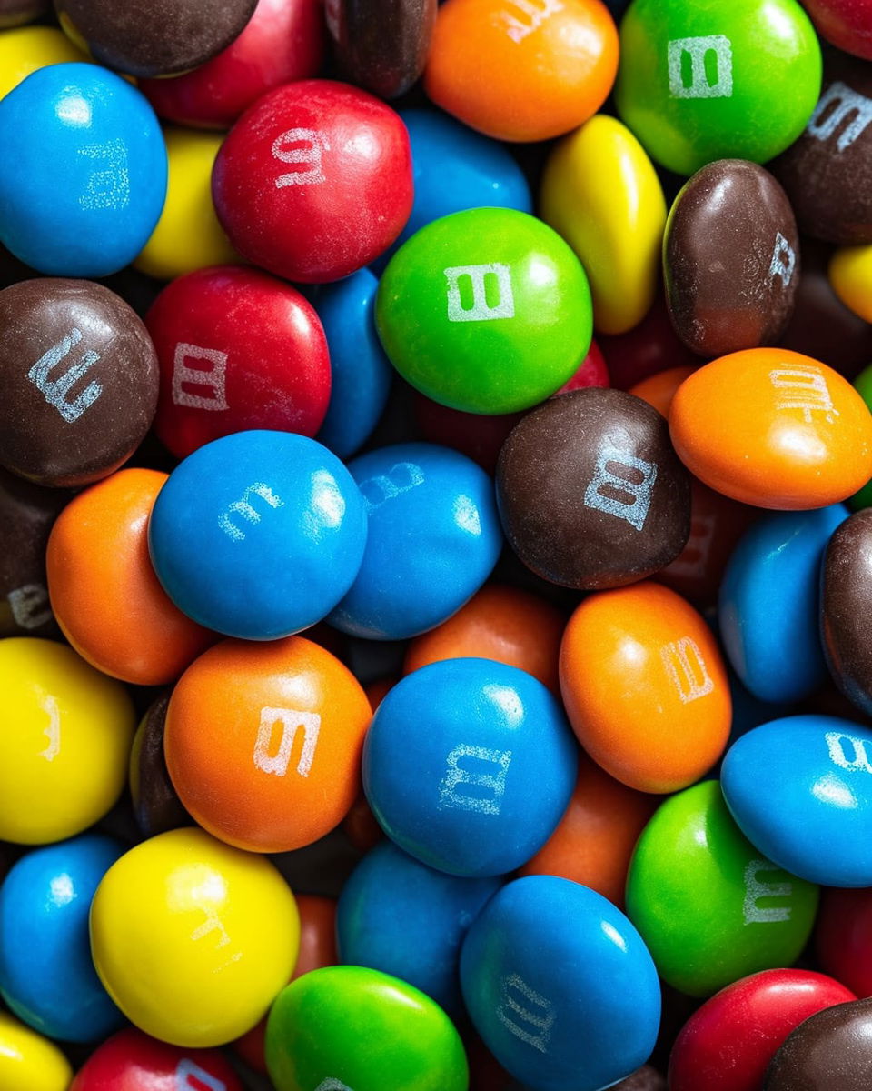 Colorful M&M's candies in a tightly packed close-up, glossy finish and bright lighting, Midjourney V6.0