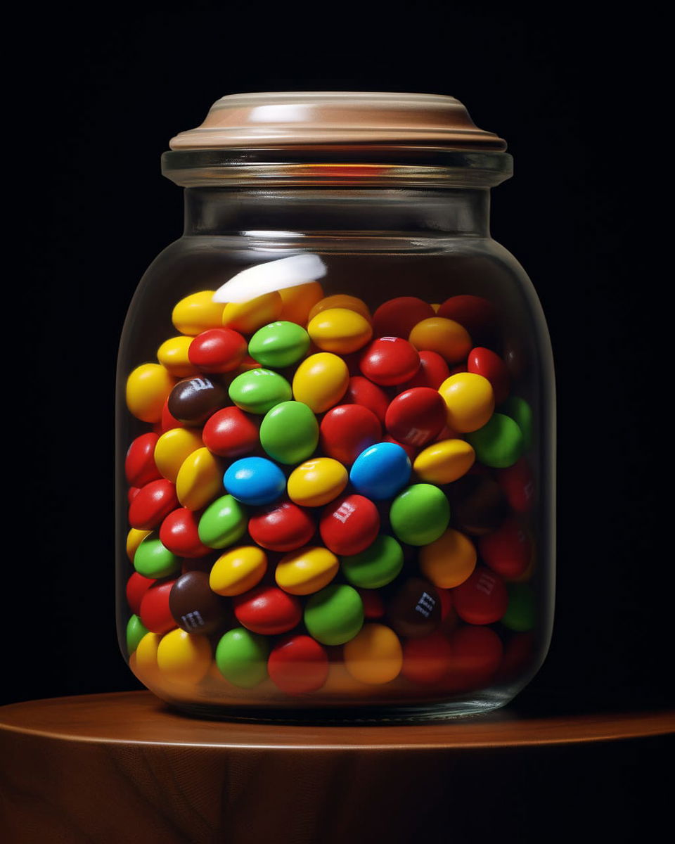 Glass jar of colorful candies with glossy highlights against a dark background, Midjourney V5.2